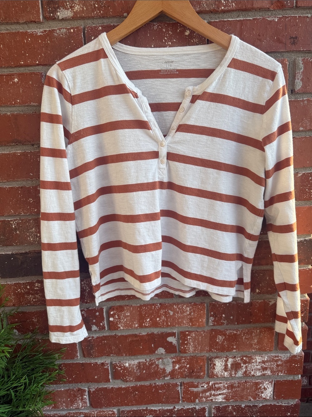 Aerie Striped Long-Sleeve Henley Top - White & Brown